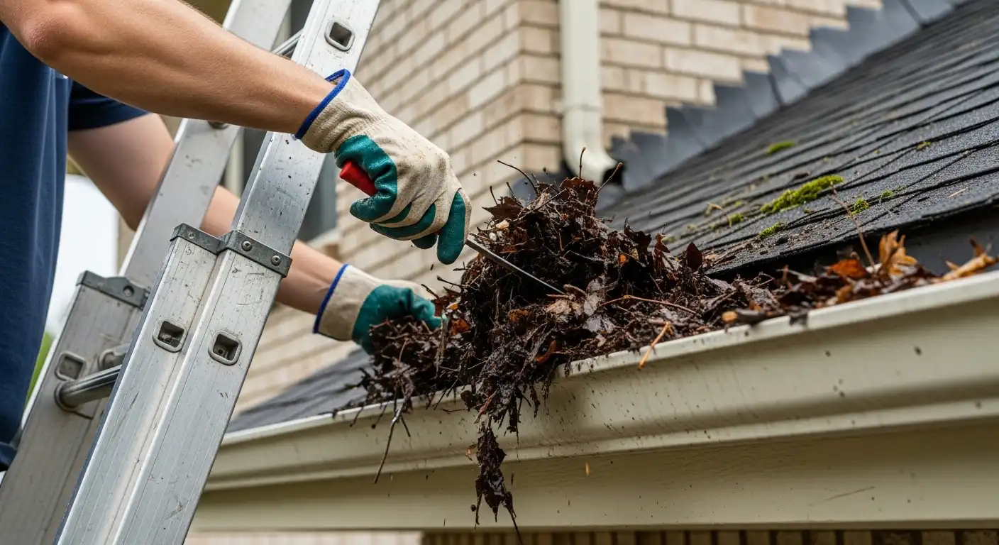 Homeowner cleaning roof gutters