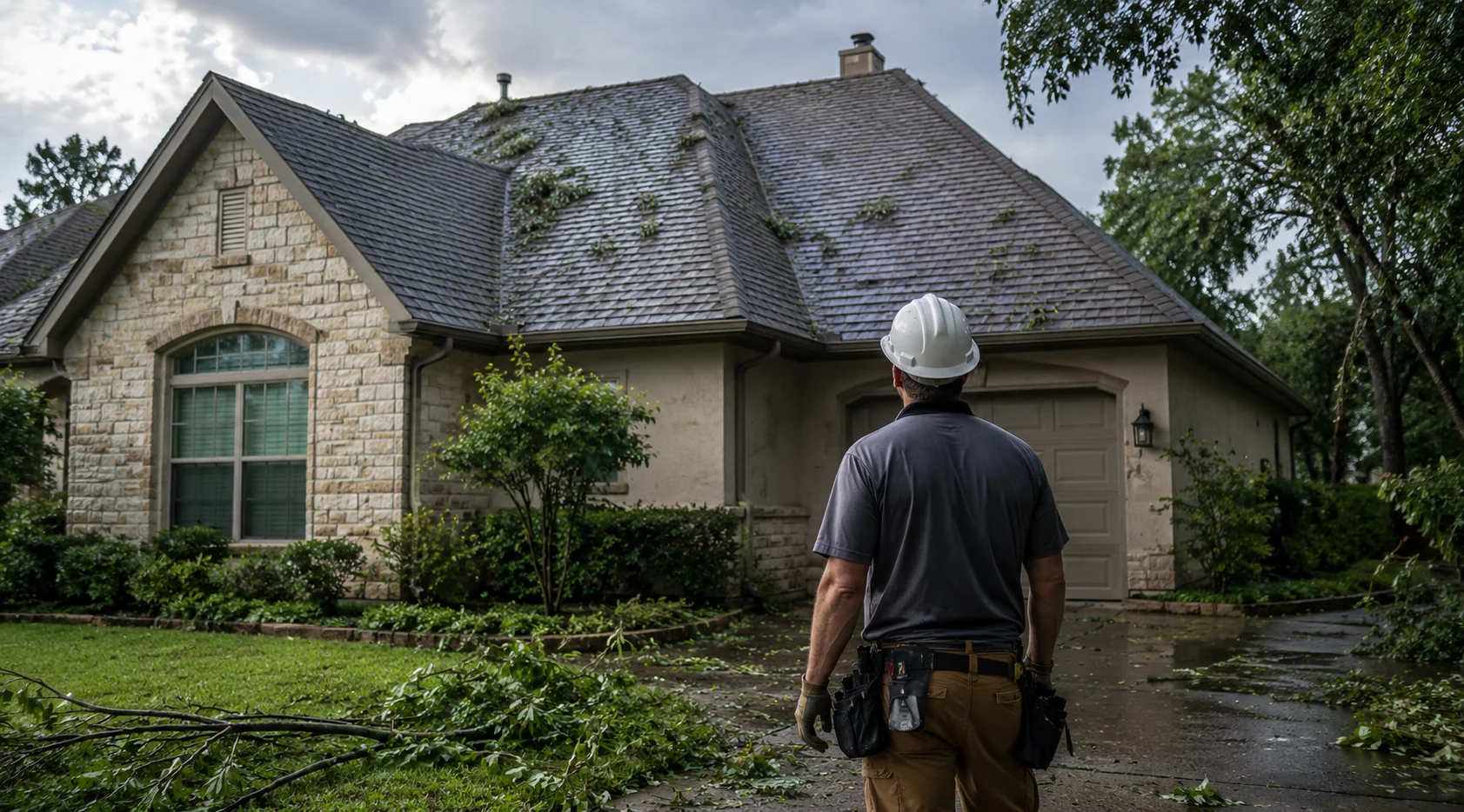 Austin home roof after a severe thunderstorm with dark storm clouds and wind-blown debris