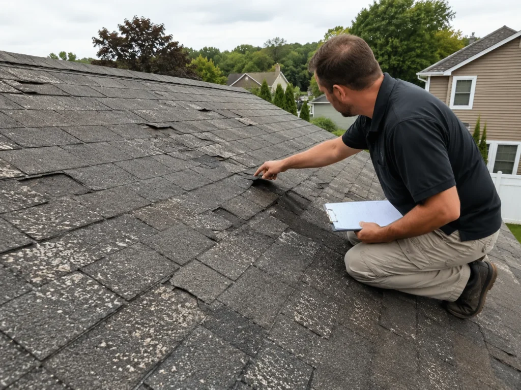 Roof showing hail vs wind damage after a severe storm