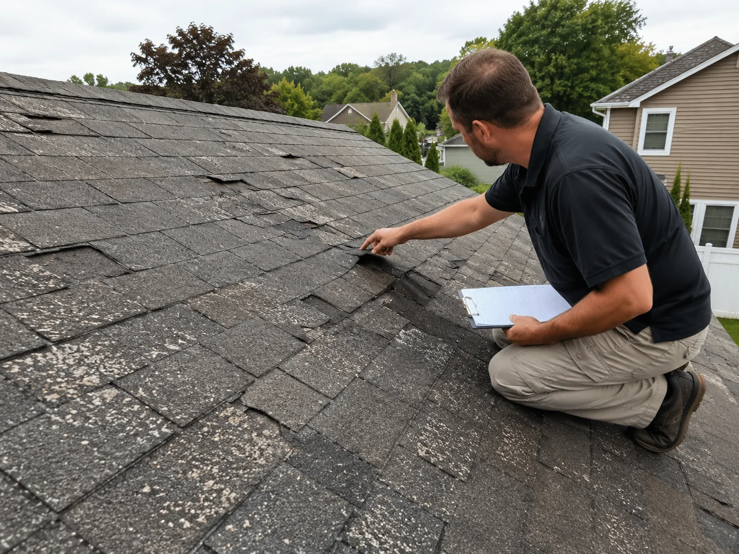 Roof showing hail vs wind damage after a severe storm