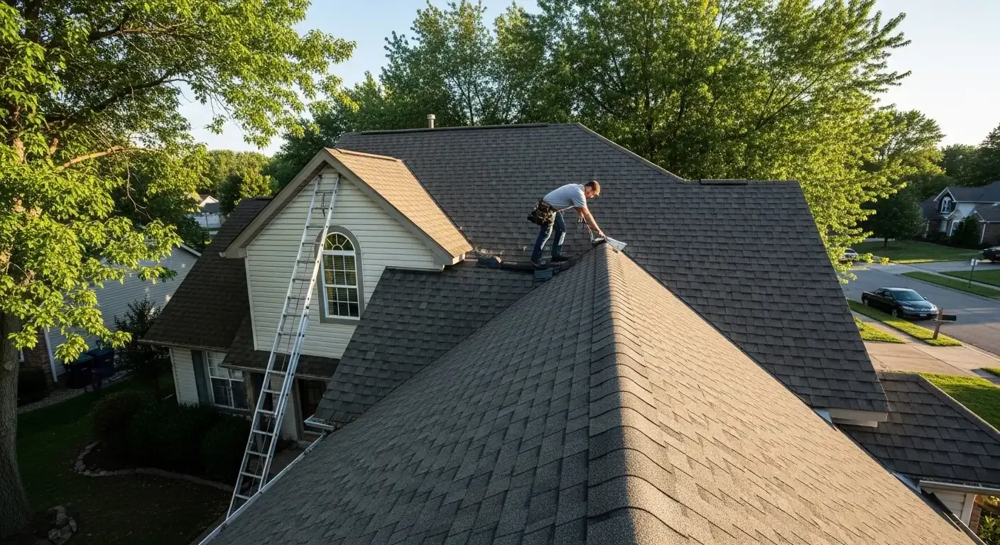 Professional roofing contractor inspecting asphalt shingle roof